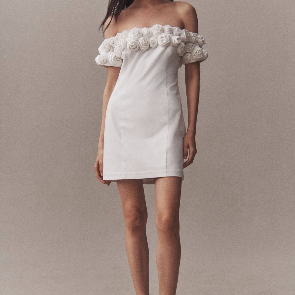 BHLDN Ivory Rosette Off-Shoulder Mini Dress